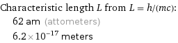 Characteristic length L from L = h/(mc):  | 62 am (attometers)  | 6.2×10^-17 meters