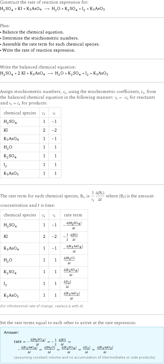 Construct the rate of reaction expression for: H_2SO_4 + KI + K3AsO4 ⟶ H_2O + K_2SO_4 + I_2 + K3AsO3 Plan: • Balance the chemical equation. • Determine the stoichiometric numbers. • Assemble the rate term for each chemical species. • Write the rate of reaction expression. Write the balanced chemical equation: H_2SO_4 + 2 KI + K3AsO4 ⟶ H_2O + K_2SO_4 + I_2 + K3AsO3 Assign stoichiometric numbers, ν_i, using the stoichiometric coefficients, c_i, from the balanced chemical equation in the following manner: ν_i = -c_i for reactants and ν_i = c_i for products: chemical species | c_i | ν_i H_2SO_4 | 1 | -1 KI | 2 | -2 K3AsO4 | 1 | -1 H_2O | 1 | 1 K_2SO_4 | 1 | 1 I_2 | 1 | 1 K3AsO3 | 1 | 1 The rate term for each chemical species, B_i, is 1/ν_i(Δ[B_i])/(Δt) where [B_i] is the amount concentration and t is time: chemical species | c_i | ν_i | rate term H_2SO_4 | 1 | -1 | -(Δ[H2SO4])/(Δt) KI | 2 | -2 | -1/2 (Δ[KI])/(Δt) K3AsO4 | 1 | -1 | -(Δ[K3AsO4])/(Δt) H_2O | 1 | 1 | (Δ[H2O])/(Δt) K_2SO_4 | 1 | 1 | (Δ[K2SO4])/(Δt) I_2 | 1 | 1 | (Δ[I2])/(Δt) K3AsO3 | 1 | 1 | (Δ[K3AsO3])/(Δt) (for infinitesimal rate of change, replace Δ with d) Set the rate terms equal to each other to arrive at the rate expression: Answer: |   | rate = -(Δ[H2SO4])/(Δt) = -1/2 (Δ[KI])/(Δt) = -(Δ[K3AsO4])/(Δt) = (Δ[H2O])/(Δt) = (Δ[K2SO4])/(Δt) = (Δ[I2])/(Δt) = (Δ[K3AsO3])/(Δt) (assuming constant volume and no accumulation of intermediates or side products)