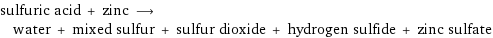 sulfuric acid + zinc ⟶ water + mixed sulfur + sulfur dioxide + hydrogen sulfide + zinc sulfate
