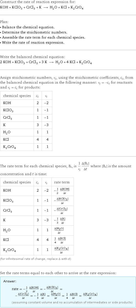 Construct the rate of reaction expression for: KOH + KClO_3 + CrCl_3 + K ⟶ H_2O + KCl + K_2CrO_4 Plan: • Balance the chemical equation. • Determine the stoichiometric numbers. • Assemble the rate term for each chemical species. • Write the rate of reaction expression. Write the balanced chemical equation: 2 KOH + KClO_3 + CrCl_3 + 3 K ⟶ H_2O + 4 KCl + K_2CrO_4 Assign stoichiometric numbers, ν_i, using the stoichiometric coefficients, c_i, from the balanced chemical equation in the following manner: ν_i = -c_i for reactants and ν_i = c_i for products: chemical species | c_i | ν_i KOH | 2 | -2 KClO_3 | 1 | -1 CrCl_3 | 1 | -1 K | 3 | -3 H_2O | 1 | 1 KCl | 4 | 4 K_2CrO_4 | 1 | 1 The rate term for each chemical species, B_i, is 1/ν_i(Δ[B_i])/(Δt) where [B_i] is the amount concentration and t is time: chemical species | c_i | ν_i | rate term KOH | 2 | -2 | -1/2 (Δ[KOH])/(Δt) KClO_3 | 1 | -1 | -(Δ[KClO3])/(Δt) CrCl_3 | 1 | -1 | -(Δ[CrCl3])/(Δt) K | 3 | -3 | -1/3 (Δ[K])/(Δt) H_2O | 1 | 1 | (Δ[H2O])/(Δt) KCl | 4 | 4 | 1/4 (Δ[KCl])/(Δt) K_2CrO_4 | 1 | 1 | (Δ[K2CrO4])/(Δt) (for infinitesimal rate of change, replace Δ with d) Set the rate terms equal to each other to arrive at the rate expression: Answer: |   | rate = -1/2 (Δ[KOH])/(Δt) = -(Δ[KClO3])/(Δt) = -(Δ[CrCl3])/(Δt) = -1/3 (Δ[K])/(Δt) = (Δ[H2O])/(Δt) = 1/4 (Δ[KCl])/(Δt) = (Δ[K2CrO4])/(Δt) (assuming constant volume and no accumulation of intermediates or side products)