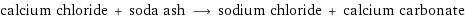 calcium chloride + soda ash ⟶ sodium chloride + calcium carbonate