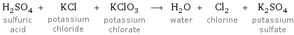 H_2SO_4 sulfuric acid + KCl potassium chloride + KClO_3 potassium chlorate ⟶ H_2O water + Cl_2 chlorine + K_2SO_4 potassium sulfate