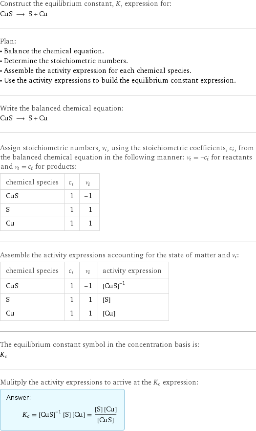 Construct the equilibrium constant, K, expression for: CuS ⟶ S + Cu Plan: • Balance the chemical equation. • Determine the stoichiometric numbers. • Assemble the activity expression for each chemical species. • Use the activity expressions to build the equilibrium constant expression. Write the balanced chemical equation: CuS ⟶ S + Cu Assign stoichiometric numbers, ν_i, using the stoichiometric coefficients, c_i, from the balanced chemical equation in the following manner: ν_i = -c_i for reactants and ν_i = c_i for products: chemical species | c_i | ν_i CuS | 1 | -1 S | 1 | 1 Cu | 1 | 1 Assemble the activity expressions accounting for the state of matter and ν_i: chemical species | c_i | ν_i | activity expression CuS | 1 | -1 | ([CuS])^(-1) S | 1 | 1 | [S] Cu | 1 | 1 | [Cu] The equilibrium constant symbol in the concentration basis is: K_c Mulitply the activity expressions to arrive at the K_c expression: Answer: |   | K_c = ([CuS])^(-1) [S] [Cu] = ([S] [Cu])/([CuS])