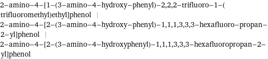 2-amino-4-[1-(3-amino-4-hydroxy-phenyl)-2, 2, 2-trifluoro-1-(trifluoromethyl)ethyl]phenol | 2-amino-4-[2-(3-amino-4-hydroxy-phenyl)-1, 1, 1, 3, 3, 3-hexafluoro-propan-2-yl]phenol | 2-amino-4-[2-(3-amino-4-hydroxyphenyl)-1, 1, 1, 3, 3, 3-hexafluoropropan-2-yl]phenol