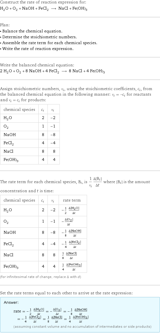 Construct the rate of reaction expression for: H_2O + O_2 + NaOH + FeCl_2 ⟶ NaCl + Fe(OH)_3 Plan: • Balance the chemical equation. • Determine the stoichiometric numbers. • Assemble the rate term for each chemical species. • Write the rate of reaction expression. Write the balanced chemical equation: 2 H_2O + O_2 + 8 NaOH + 4 FeCl_2 ⟶ 8 NaCl + 4 Fe(OH)_3 Assign stoichiometric numbers, ν_i, using the stoichiometric coefficients, c_i, from the balanced chemical equation in the following manner: ν_i = -c_i for reactants and ν_i = c_i for products: chemical species | c_i | ν_i H_2O | 2 | -2 O_2 | 1 | -1 NaOH | 8 | -8 FeCl_2 | 4 | -4 NaCl | 8 | 8 Fe(OH)_3 | 4 | 4 The rate term for each chemical species, B_i, is 1/ν_i(Δ[B_i])/(Δt) where [B_i] is the amount concentration and t is time: chemical species | c_i | ν_i | rate term H_2O | 2 | -2 | -1/2 (Δ[H2O])/(Δt) O_2 | 1 | -1 | -(Δ[O2])/(Δt) NaOH | 8 | -8 | -1/8 (Δ[NaOH])/(Δt) FeCl_2 | 4 | -4 | -1/4 (Δ[FeCl2])/(Δt) NaCl | 8 | 8 | 1/8 (Δ[NaCl])/(Δt) Fe(OH)_3 | 4 | 4 | 1/4 (Δ[Fe(OH)3])/(Δt) (for infinitesimal rate of change, replace Δ with d) Set the rate terms equal to each other to arrive at the rate expression: Answer: |   | rate = -1/2 (Δ[H2O])/(Δt) = -(Δ[O2])/(Δt) = -1/8 (Δ[NaOH])/(Δt) = -1/4 (Δ[FeCl2])/(Δt) = 1/8 (Δ[NaCl])/(Δt) = 1/4 (Δ[Fe(OH)3])/(Δt) (assuming constant volume and no accumulation of intermediates or side products)