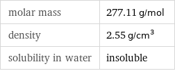 molar mass | 277.11 g/mol density | 2.55 g/cm^3 solubility in water | insoluble