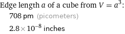 Edge length a of a cube from V = a^3:  | 708 pm (picometers)  | 2.8×10^-8 inches