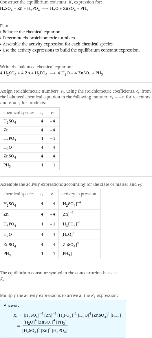 Construct the equilibrium constant, K, expression for: H_2SO_4 + Zn + H_3PO_4 ⟶ H_2O + ZnSO_4 + PH_3 Plan: • Balance the chemical equation. • Determine the stoichiometric numbers. • Assemble the activity expression for each chemical species. • Use the activity expressions to build the equilibrium constant expression. Write the balanced chemical equation: 4 H_2SO_4 + 4 Zn + H_3PO_4 ⟶ 4 H_2O + 4 ZnSO_4 + PH_3 Assign stoichiometric numbers, ν_i, using the stoichiometric coefficients, c_i, from the balanced chemical equation in the following manner: ν_i = -c_i for reactants and ν_i = c_i for products: chemical species | c_i | ν_i H_2SO_4 | 4 | -4 Zn | 4 | -4 H_3PO_4 | 1 | -1 H_2O | 4 | 4 ZnSO_4 | 4 | 4 PH_3 | 1 | 1 Assemble the activity expressions accounting for the state of matter and ν_i: chemical species | c_i | ν_i | activity expression H_2SO_4 | 4 | -4 | ([H2SO4])^(-4) Zn | 4 | -4 | ([Zn])^(-4) H_3PO_4 | 1 | -1 | ([H3PO4])^(-1) H_2O | 4 | 4 | ([H2O])^4 ZnSO_4 | 4 | 4 | ([ZnSO4])^4 PH_3 | 1 | 1 | [PH3] The equilibrium constant symbol in the concentration basis is: K_c Mulitply the activity expressions to arrive at the K_c expression: Answer: |   | K_c = ([H2SO4])^(-4) ([Zn])^(-4) ([H3PO4])^(-1) ([H2O])^4 ([ZnSO4])^4 [PH3] = (([H2O])^4 ([ZnSO4])^4 [PH3])/(([H2SO4])^4 ([Zn])^4 [H3PO4])