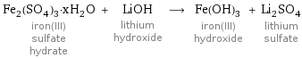 Fe_2(SO_4)_3·xH_2O iron(III) sulfate hydrate + LiOH lithium hydroxide ⟶ Fe(OH)_3 iron(III) hydroxide + Li_2SO_4 lithium sulfate