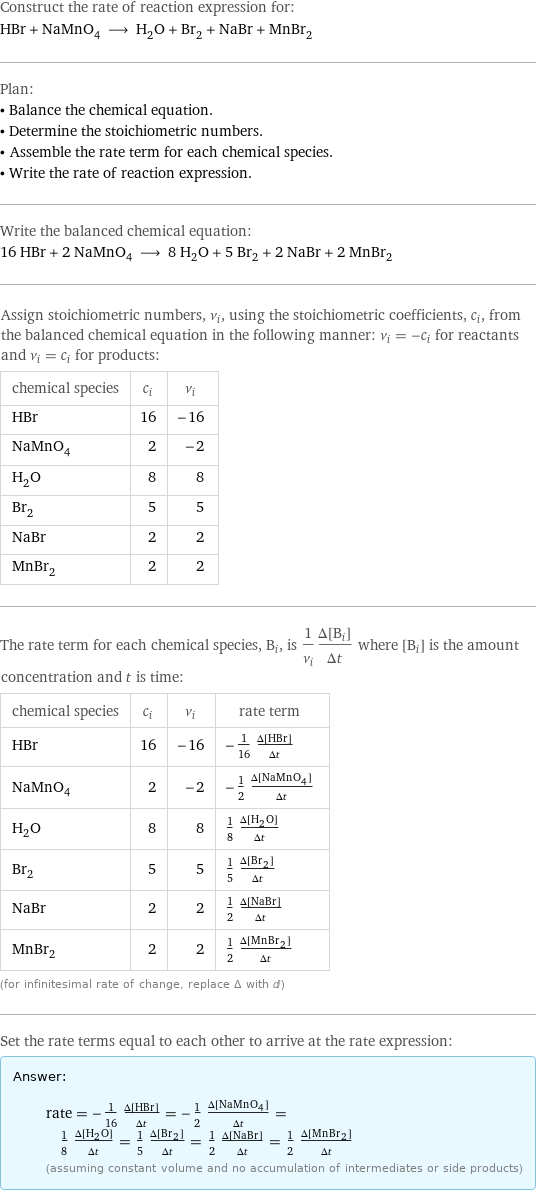 Construct the rate of reaction expression for: HBr + NaMnO_4 ⟶ H_2O + Br_2 + NaBr + MnBr_2 Plan: • Balance the chemical equation. • Determine the stoichiometric numbers. • Assemble the rate term for each chemical species. • Write the rate of reaction expression. Write the balanced chemical equation: 16 HBr + 2 NaMnO_4 ⟶ 8 H_2O + 5 Br_2 + 2 NaBr + 2 MnBr_2 Assign stoichiometric numbers, ν_i, using the stoichiometric coefficients, c_i, from the balanced chemical equation in the following manner: ν_i = -c_i for reactants and ν_i = c_i for products: chemical species | c_i | ν_i HBr | 16 | -16 NaMnO_4 | 2 | -2 H_2O | 8 | 8 Br_2 | 5 | 5 NaBr | 2 | 2 MnBr_2 | 2 | 2 The rate term for each chemical species, B_i, is 1/ν_i(Δ[B_i])/(Δt) where [B_i] is the amount concentration and t is time: chemical species | c_i | ν_i | rate term HBr | 16 | -16 | -1/16 (Δ[HBr])/(Δt) NaMnO_4 | 2 | -2 | -1/2 (Δ[NaMnO4])/(Δt) H_2O | 8 | 8 | 1/8 (Δ[H2O])/(Δt) Br_2 | 5 | 5 | 1/5 (Δ[Br2])/(Δt) NaBr | 2 | 2 | 1/2 (Δ[NaBr])/(Δt) MnBr_2 | 2 | 2 | 1/2 (Δ[MnBr2])/(Δt) (for infinitesimal rate of change, replace Δ with d) Set the rate terms equal to each other to arrive at the rate expression: Answer: |   | rate = -1/16 (Δ[HBr])/(Δt) = -1/2 (Δ[NaMnO4])/(Δt) = 1/8 (Δ[H2O])/(Δt) = 1/5 (Δ[Br2])/(Δt) = 1/2 (Δ[NaBr])/(Δt) = 1/2 (Δ[MnBr2])/(Δt) (assuming constant volume and no accumulation of intermediates or side products)