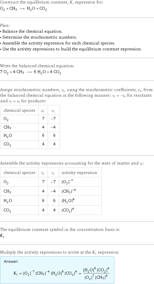 Construct the equilibrium constant, K, expression for: O_2 + CH3 ⟶ H_2O + CO_2 Plan: • Balance the chemical equation. • Determine the stoichiometric numbers. • Assemble the activity expression for each chemical species. • Use the activity expressions to build the equilibrium constant expression. Write the balanced chemical equation: 7 O_2 + 4 CH3 ⟶ 6 H_2O + 4 CO_2 Assign stoichiometric numbers, ν_i, using the stoichiometric coefficients, c_i, from the balanced chemical equation in the following manner: ν_i = -c_i for reactants and ν_i = c_i for products: chemical species | c_i | ν_i O_2 | 7 | -7 CH3 | 4 | -4 H_2O | 6 | 6 CO_2 | 4 | 4 Assemble the activity expressions accounting for the state of matter and ν_i: chemical species | c_i | ν_i | activity expression O_2 | 7 | -7 | ([O2])^(-7) CH3 | 4 | -4 | ([CH3])^(-4) H_2O | 6 | 6 | ([H2O])^6 CO_2 | 4 | 4 | ([CO2])^4 The equilibrium constant symbol in the concentration basis is: K_c Mulitply the activity expressions to arrive at the K_c expression: Answer: |   | K_c = ([O2])^(-7) ([CH3])^(-4) ([H2O])^6 ([CO2])^4 = (([H2O])^6 ([CO2])^4)/(([O2])^7 ([CH3])^4)