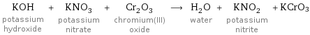 KOH potassium hydroxide + KNO_3 potassium nitrate + Cr_2O_3 chromium(III) oxide ⟶ H_2O water + KNO_2 potassium nitrite + KCrO3