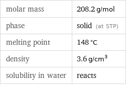 molar mass | 208.2 g/mol phase | solid (at STP) melting point | 148 °C density | 3.6 g/cm^3 solubility in water | reacts
