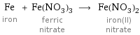 Fe iron + Fe(NO_3)_3 ferric nitrate ⟶ Fe(NO_3)_2 iron(II) nitrate