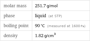 molar mass | 251.7 g/mol phase | liquid (at STP) boiling point | 90 °C (measured at 1600 Pa) density | 1.82 g/cm^3