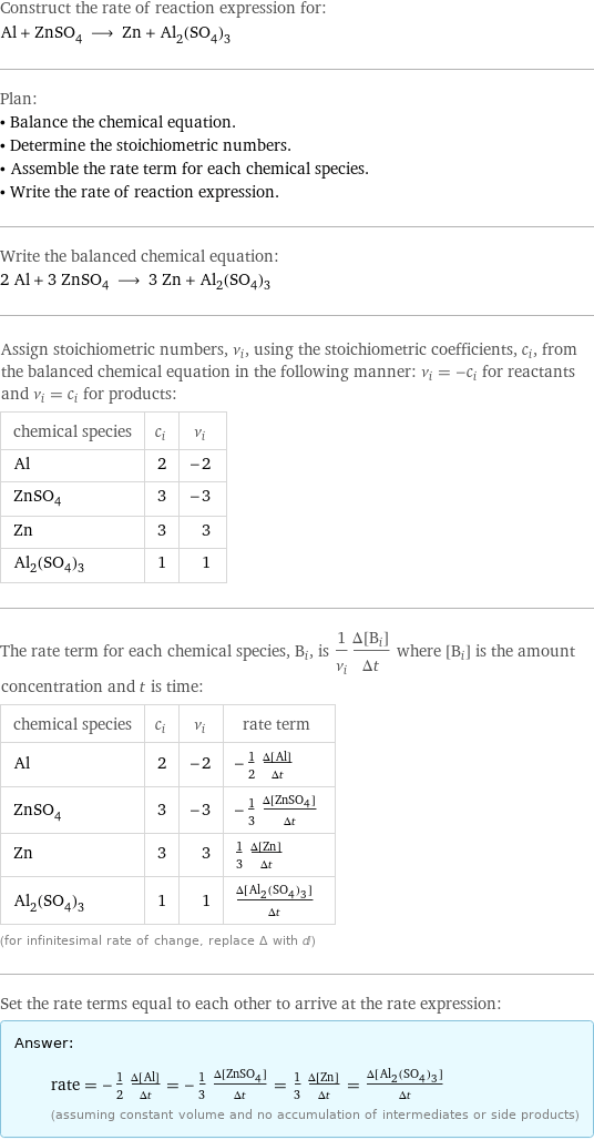 Construct the rate of reaction expression for: Al + ZnSO_4 ⟶ Zn + Al_2(SO_4)_3 Plan: • Balance the chemical equation. • Determine the stoichiometric numbers. • Assemble the rate term for each chemical species. • Write the rate of reaction expression. Write the balanced chemical equation: 2 Al + 3 ZnSO_4 ⟶ 3 Zn + Al_2(SO_4)_3 Assign stoichiometric numbers, ν_i, using the stoichiometric coefficients, c_i, from the balanced chemical equation in the following manner: ν_i = -c_i for reactants and ν_i = c_i for products: chemical species | c_i | ν_i Al | 2 | -2 ZnSO_4 | 3 | -3 Zn | 3 | 3 Al_2(SO_4)_3 | 1 | 1 The rate term for each chemical species, B_i, is 1/ν_i(Δ[B_i])/(Δt) where [B_i] is the amount concentration and t is time: chemical species | c_i | ν_i | rate term Al | 2 | -2 | -1/2 (Δ[Al])/(Δt) ZnSO_4 | 3 | -3 | -1/3 (Δ[ZnSO4])/(Δt) Zn | 3 | 3 | 1/3 (Δ[Zn])/(Δt) Al_2(SO_4)_3 | 1 | 1 | (Δ[Al2(SO4)3])/(Δt) (for infinitesimal rate of change, replace Δ with d) Set the rate terms equal to each other to arrive at the rate expression: Answer: |   | rate = -1/2 (Δ[Al])/(Δt) = -1/3 (Δ[ZnSO4])/(Δt) = 1/3 (Δ[Zn])/(Δt) = (Δ[Al2(SO4)3])/(Δt) (assuming constant volume and no accumulation of intermediates or side products)