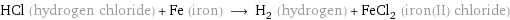 HCl (hydrogen chloride) + Fe (iron) ⟶ H_2 (hydrogen) + FeCl_2 (iron(II) chloride)