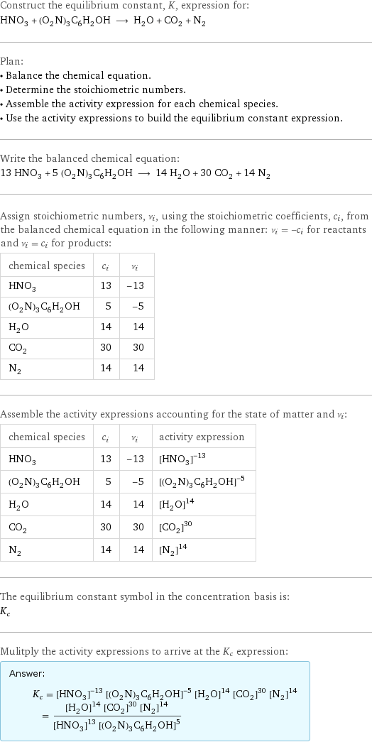 Construct the equilibrium constant, K, expression for: HNO_3 + (O_2N)_3C_6H_2OH ⟶ H_2O + CO_2 + N_2 Plan: • Balance the chemical equation. • Determine the stoichiometric numbers. • Assemble the activity expression for each chemical species. • Use the activity expressions to build the equilibrium constant expression. Write the balanced chemical equation: 13 HNO_3 + 5 (O_2N)_3C_6H_2OH ⟶ 14 H_2O + 30 CO_2 + 14 N_2 Assign stoichiometric numbers, ν_i, using the stoichiometric coefficients, c_i, from the balanced chemical equation in the following manner: ν_i = -c_i for reactants and ν_i = c_i for products: chemical species | c_i | ν_i HNO_3 | 13 | -13 (O_2N)_3C_6H_2OH | 5 | -5 H_2O | 14 | 14 CO_2 | 30 | 30 N_2 | 14 | 14 Assemble the activity expressions accounting for the state of matter and ν_i: chemical species | c_i | ν_i | activity expression HNO_3 | 13 | -13 | ([HNO3])^(-13) (O_2N)_3C_6H_2OH | 5 | -5 | ([(O2N)3C6H2OH])^(-5) H_2O | 14 | 14 | ([H2O])^14 CO_2 | 30 | 30 | ([CO2])^30 N_2 | 14 | 14 | ([N2])^14 The equilibrium constant symbol in the concentration basis is: K_c Mulitply the activity expressions to arrive at the K_c expression: Answer: |   | K_c = ([HNO3])^(-13) ([(O2N)3C6H2OH])^(-5) ([H2O])^14 ([CO2])^30 ([N2])^14 = (([H2O])^14 ([CO2])^30 ([N2])^14)/(([HNO3])^13 ([(O2N)3C6H2OH])^5)