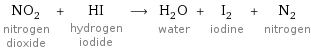 NO_2 nitrogen dioxide + HI hydrogen iodide ⟶ H_2O water + I_2 iodine + N_2 nitrogen