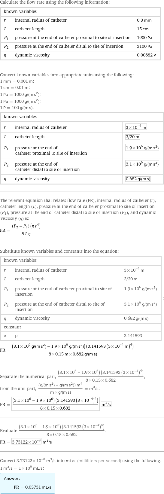 Calculate the flow rate using the following information: known variables | |  r | internal radius of catheter | 0.3 mm L | catheter length | 15 cm P_1 | pressure at the end of catheter proximal to site of insertion | 1900 Pa P_2 | pressure at the end of catheter distal to site of insertion | 3100 Pa η | dynamic viscosity | 0.00682 P Convert known variables into appropriate units using the following: 1 mm = 0.001 m: 1 cm = 0.01 m: 1 Pa = 1000 g/(m s^2): 1 Pa = 1000 g/(m s^2): 1 P = 100 g/(m s): known variables | |  r | internal radius of catheter | 3×10^-4 m L | catheter length | 3/20 m P_1 | pressure at the end of catheter proximal to site of insertion | 1.9×10^6 g/(m s^2) P_2 | pressure at the end of catheter distal to site of insertion | 3.1×10^6 g/(m s^2) η | dynamic viscosity | 0.682 g/(m s) The relevant equation that relates flow rate (FR), internal radius of catheter (r), catheter length (L), pressure at the end of catheter proximal to site of insertion (P_1), pressure at the end of catheter distal to site of insertion (P_2), and dynamic viscosity (η) is: FR = ((P_2 - P_1) (π r^4))/(8 L η) Substitute known variables and constants into the equation: known variables | |  r | internal radius of catheter | 3×10^-4 m L | catheter length | 3/20 m P_1 | pressure at the end of catheter proximal to site of insertion | 1.9×10^6 g/(m s^2) P_2 | pressure at the end of catheter distal to site of insertion | 3.1×10^6 g/(m s^2) η | dynamic viscosity | 0.682 g/(m s) constant | |  π | pi | 3.141593 | : FR = ((3.1×10^6 g/(m s^2) - 1.9×10^6 g/(m s^2)) (3.141593 (3×10^-4 m)^4))/(8×0.15 m×0.682 g/(m s)) Separate the numerical part, ((3.1×10^6 - 1.9×10^6) (3.141593 (3×10^-4)^4))/(8×0.15×0.682), from the unit part, ((g/(m s^2) + g/(m s^2)) m^4)/(m×g/(m s)) = m^3/s: FR = ((3.1×10^6 - 1.9×10^6) (3.141593 (3×10^-4)^4))/(8×0.15×0.682) m^3/s Evaluate ((3.1×10^6 - 1.9×10^6) (3.141593 (3×10^-4)^4))/(8×0.15×0.682): FR = 3.73122×10^-8 m^3/s Convert 3.73122×10^-8 m^3/s into mL/s (milliliters per second) using the following: 1 m^3/s = 1×10^6 mL/s: Answer: |   | FR = 0.03731 mL/s