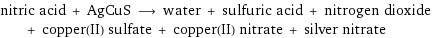 nitric acid + AgCuS ⟶ water + sulfuric acid + nitrogen dioxide + copper(II) sulfate + copper(II) nitrate + silver nitrate