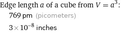 Edge length a of a cube from V = a^3:  | 769 pm (picometers)  | 3×10^-8 inches