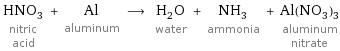 HNO_3 nitric acid + Al aluminum ⟶ H_2O water + NH_3 ammonia + Al(NO_3)_3 aluminum nitrate