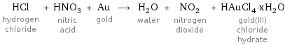 HCl hydrogen chloride + HNO_3 nitric acid + Au gold ⟶ H_2O water + NO_2 nitrogen dioxide + HAuCl_4·xH_2O gold(III) chloride hydrate