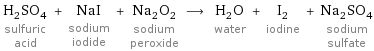 H_2SO_4 sulfuric acid + NaI sodium iodide + Na_2O_2 sodium peroxide ⟶ H_2O water + I_2 iodine + Na_2SO_4 sodium sulfate