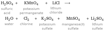 H_2SO_4 sulfuric acid + KMnO_4 potassium permanganate + LiCl lithium chloride ⟶ H_2O water + Cl_2 chlorine + K_2SO_4 potassium sulfate + MnSO_4 manganese(II) sulfate + Li_2SO_4 lithium sulfate