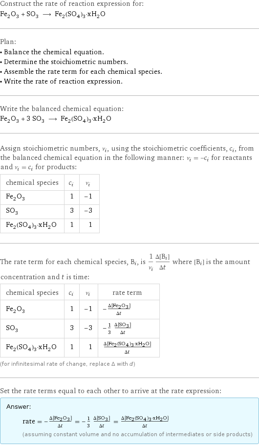 Construct the rate of reaction expression for: Fe_2O_3 + SO_3 ⟶ Fe_2(SO_4)_3·xH_2O Plan: • Balance the chemical equation. • Determine the stoichiometric numbers. • Assemble the rate term for each chemical species. • Write the rate of reaction expression. Write the balanced chemical equation: Fe_2O_3 + 3 SO_3 ⟶ Fe_2(SO_4)_3·xH_2O Assign stoichiometric numbers, ν_i, using the stoichiometric coefficients, c_i, from the balanced chemical equation in the following manner: ν_i = -c_i for reactants and ν_i = c_i for products: chemical species | c_i | ν_i Fe_2O_3 | 1 | -1 SO_3 | 3 | -3 Fe_2(SO_4)_3·xH_2O | 1 | 1 The rate term for each chemical species, B_i, is 1/ν_i(Δ[B_i])/(Δt) where [B_i] is the amount concentration and t is time: chemical species | c_i | ν_i | rate term Fe_2O_3 | 1 | -1 | -(Δ[Fe2O3])/(Δt) SO_3 | 3 | -3 | -1/3 (Δ[SO3])/(Δt) Fe_2(SO_4)_3·xH_2O | 1 | 1 | (Δ[Fe2(SO4)3·xH2O])/(Δt) (for infinitesimal rate of change, replace Δ with d) Set the rate terms equal to each other to arrive at the rate expression: Answer: |   | rate = -(Δ[Fe2O3])/(Δt) = -1/3 (Δ[SO3])/(Δt) = (Δ[Fe2(SO4)3·xH2O])/(Δt) (assuming constant volume and no accumulation of intermediates or side products)