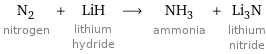 N_2 nitrogen + LiH lithium hydride ⟶ NH_3 ammonia + Li_3N lithium nitride