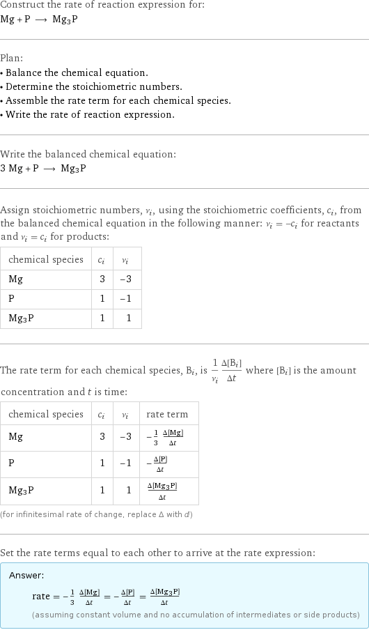 Construct the rate of reaction expression for: Mg + P ⟶ Mg3P Plan: • Balance the chemical equation. • Determine the stoichiometric numbers. • Assemble the rate term for each chemical species. • Write the rate of reaction expression. Write the balanced chemical equation: 3 Mg + P ⟶ Mg3P Assign stoichiometric numbers, ν_i, using the stoichiometric coefficients, c_i, from the balanced chemical equation in the following manner: ν_i = -c_i for reactants and ν_i = c_i for products: chemical species | c_i | ν_i Mg | 3 | -3 P | 1 | -1 Mg3P | 1 | 1 The rate term for each chemical species, B_i, is 1/ν_i(Δ[B_i])/(Δt) where [B_i] is the amount concentration and t is time: chemical species | c_i | ν_i | rate term Mg | 3 | -3 | -1/3 (Δ[Mg])/(Δt) P | 1 | -1 | -(Δ[P])/(Δt) Mg3P | 1 | 1 | (Δ[Mg3P])/(Δt) (for infinitesimal rate of change, replace Δ with d) Set the rate terms equal to each other to arrive at the rate expression: Answer: |   | rate = -1/3 (Δ[Mg])/(Δt) = -(Δ[P])/(Δt) = (Δ[Mg3P])/(Δt) (assuming constant volume and no accumulation of intermediates or side products)