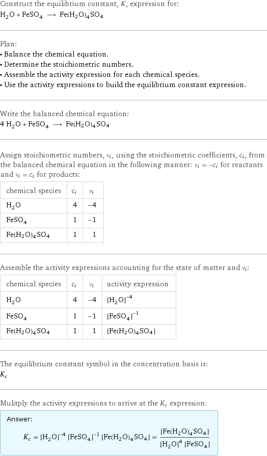 Construct the equilibrium constant, K, expression for: H_2O + FeSO_4 ⟶ Fe(H2O)4SO4 Plan: • Balance the chemical equation. • Determine the stoichiometric numbers. • Assemble the activity expression for each chemical species. • Use the activity expressions to build the equilibrium constant expression. Write the balanced chemical equation: 4 H_2O + FeSO_4 ⟶ Fe(H2O)4SO4 Assign stoichiometric numbers, ν_i, using the stoichiometric coefficients, c_i, from the balanced chemical equation in the following manner: ν_i = -c_i for reactants and ν_i = c_i for products: chemical species | c_i | ν_i H_2O | 4 | -4 FeSO_4 | 1 | -1 Fe(H2O)4SO4 | 1 | 1 Assemble the activity expressions accounting for the state of matter and ν_i: chemical species | c_i | ν_i | activity expression H_2O | 4 | -4 | ([H2O])^(-4) FeSO_4 | 1 | -1 | ([FeSO4])^(-1) Fe(H2O)4SO4 | 1 | 1 | [Fe(H2O)4SO4] The equilibrium constant symbol in the concentration basis is: K_c Mulitply the activity expressions to arrive at the K_c expression: Answer: |   | K_c = ([H2O])^(-4) ([FeSO4])^(-1) [Fe(H2O)4SO4] = ([Fe(H2O)4SO4])/(([H2O])^4 [FeSO4])