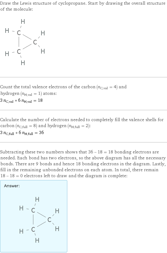 Draw the Lewis structure of cyclopropane. Start by drawing the overall structure of the molecule:  Count the total valence electrons of the carbon (n_C, val = 4) and hydrogen (n_H, val = 1) atoms: 3 n_C, val + 6 n_H, val = 18 Calculate the number of electrons needed to completely fill the valence shells for carbon (n_C, full = 8) and hydrogen (n_H, full = 2): 3 n_C, full + 6 n_H, full = 36 Subtracting these two numbers shows that 36 - 18 = 18 bonding electrons are needed. Each bond has two electrons, so the above diagram has all the necessary bonds. There are 9 bonds and hence 18 bonding electrons in the diagram. Lastly, fill in the remaining unbonded electrons on each atom. In total, there remain 18 - 18 = 0 electrons left to draw and the diagram is complete: Answer: |   | 