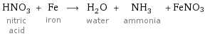 HNO_3 nitric acid + Fe iron ⟶ H_2O water + NH_3 ammonia + FeNO3