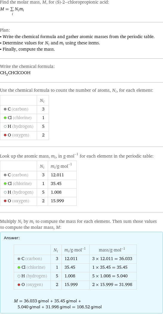 Find the molar mass, M, for (S)-2-chloropropionic acid: M = sum _iN_im_i Plan: • Write the chemical formula and gather atomic masses from the periodic table. • Determine values for N_i and m_i using these items. • Finally, compute the mass. Write the chemical formula: CH_3CHClCOOH Use the chemical formula to count the number of atoms, N_i, for each element:  | N_i  C (carbon) | 3  Cl (chlorine) | 1  H (hydrogen) | 5  O (oxygen) | 2 Look up the atomic mass, m_i, in g·mol^(-1) for each element in the periodic table:  | N_i | m_i/g·mol^(-1)  C (carbon) | 3 | 12.011  Cl (chlorine) | 1 | 35.45  H (hydrogen) | 5 | 1.008  O (oxygen) | 2 | 15.999 Multiply N_i by m_i to compute the mass for each element. Then sum those values to compute the molar mass, M: Answer: |   | | N_i | m_i/g·mol^(-1) | mass/g·mol^(-1)  C (carbon) | 3 | 12.011 | 3 × 12.011 = 36.033  Cl (chlorine) | 1 | 35.45 | 1 × 35.45 = 35.45  H (hydrogen) | 5 | 1.008 | 5 × 1.008 = 5.040  O (oxygen) | 2 | 15.999 | 2 × 15.999 = 31.998  M = 36.033 g/mol + 35.45 g/mol + 5.040 g/mol + 31.998 g/mol = 108.52 g/mol