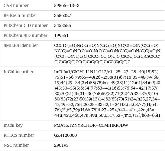 CAS number | 59865-13-3 Beilstein number | 3586327 PubChem CID number | 5458585 PubChem SID number | 199551 SMILES identifier | CCC1C(=O)N(CC(=O)N(C(C(=O)NC(C(=O)N(C(C(=O)NC(C(=O)NC(C(=O)N(C(C(=O)N(C(C(=O)N(C(C(=O)N(C(C(=O)N1)C(C(C)CC=CC)O)C)C(C)C)C)CC(C)C)C)CC(C)C)C)C)C)CC(C)C)C)C(C)C)CC(C)C)C)C InChI identifier | InChI=1/C62H111N11O12/c1-25-27-28-40(15)52(75)51-56(79)65-43(26-2)58(81)67(18)33-48(74)68(19)44(29-34(3)4)55(78)66-49(38(11)12)61(84)69(20)45(30-35(5)6)54(77)63-41(16)53(76)64-42(17)57(80)70(21)46(31-36(7)8)59(82)71(22)47(32-37(9)10)60(83)72(23)50(39(13)14)62(85)73(51)24/h25, 27, 34-47, 49-52, 75H, 26, 28-33H2, 1-24H3, (H, 63, 77)(H, 64, 76)(H, 65, 79)(H, 66, 78)/b27-25+/t40-, 41u, 42u, 43u, 44u, 45u, 46u, 47u, 49u, 50u, 51?, 52-/m0/s1/f/h63-66H InChI key | PMATZTZNYRCHOR-CCMIHKRJDW RTECS number | GZ4120000 NSC number | 290193