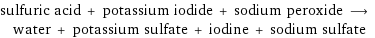 sulfuric acid + potassium iodide + sodium peroxide ⟶ water + potassium sulfate + iodine + sodium sulfate