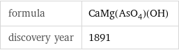 formula | CaMg(AsO_4)(OH) discovery year | 1891