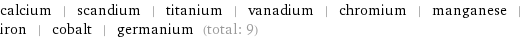 calcium | scandium | titanium | vanadium | chromium | manganese | iron | cobalt | germanium (total: 9)