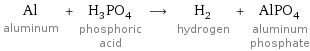 Al aluminum + H_3PO_4 phosphoric acid ⟶ H_2 hydrogen + AlPO_4 aluminum phosphate