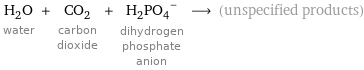 H_2O water + CO_2 carbon dioxide + (H_2PO_4)^- dihydrogen phosphate anion ⟶ (unspecified products)