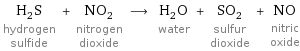 H_2S hydrogen sulfide + NO_2 nitrogen dioxide ⟶ H_2O water + SO_2 sulfur dioxide + NO nitric oxide