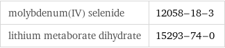 molybdenum(IV) selenide | 12058-18-3 lithium metaborate dihydrate | 15293-74-0