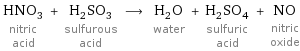 HNO_3 nitric acid + H_2SO_3 sulfurous acid ⟶ H_2O water + H_2SO_4 sulfuric acid + NO nitric oxide