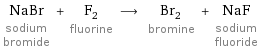 NaBr sodium bromide + F_2 fluorine ⟶ Br_2 bromine + NaF sodium fluoride