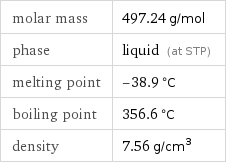 molar mass | 497.24 g/mol phase | liquid (at STP) melting point | -38.9 °C boiling point | 356.6 °C density | 7.56 g/cm^3