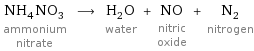 NH_4NO_3 ammonium nitrate ⟶ H_2O water + NO nitric oxide + N_2 nitrogen
