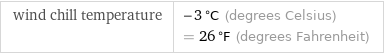 wind chill temperature  | -3 °C (degrees Celsius)  = 26 °F (degrees Fahrenheit)